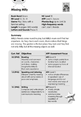 BC JD Plays Green/1B Missing Milly Guided Reading Card