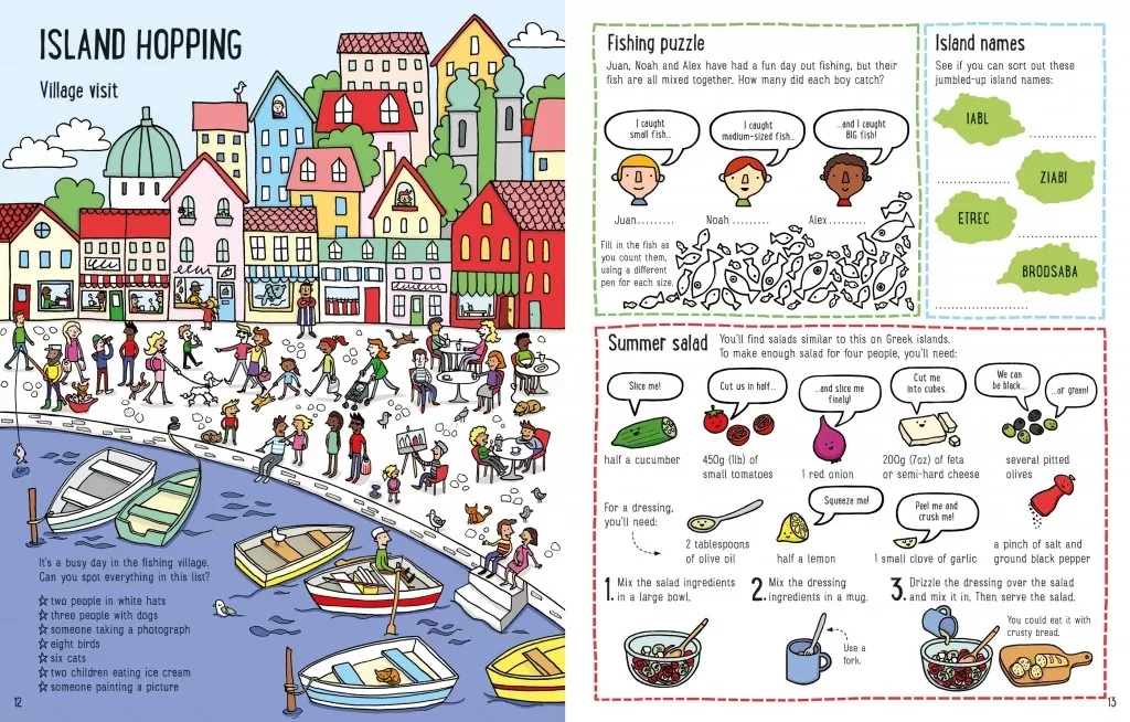 An interior spread from the activity book from Usborne called Holiday Activity Book